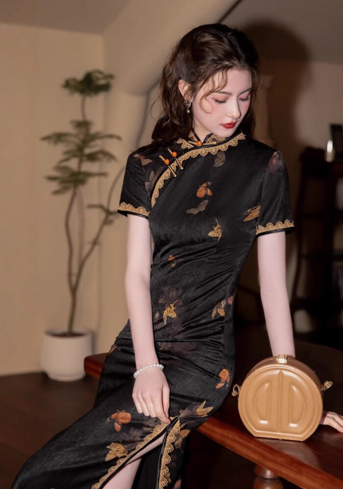 Elegant Black Qipao with Golden Floral Patterns
