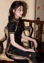 Elegant Black Qipao with Golden Floral Patterns