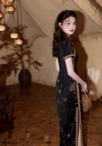 Elegant Black Qipao with Golden Floral Patterns