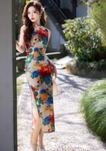 Elegant Vintage Floral Print Cheongsam Dress