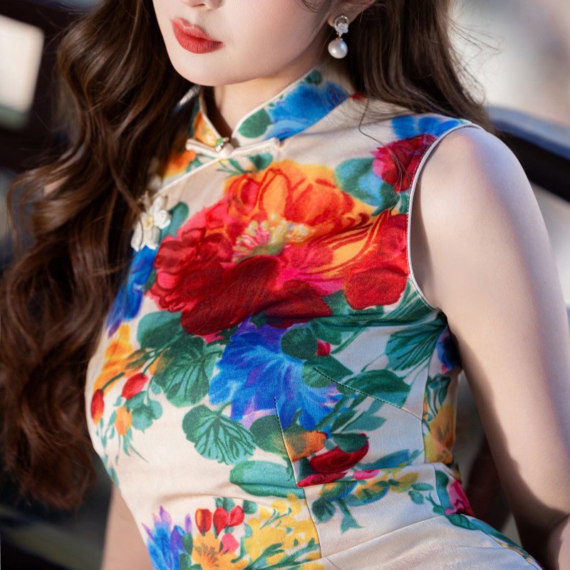 Elegant Vintage Floral Print Cheongsam Dress