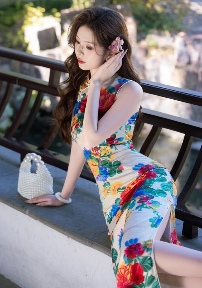 Elegant Vintage Floral Print Cheongsam Dress