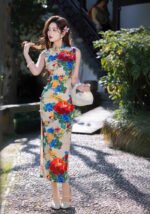 Elegant Vintage Floral Print Cheongsam Dress