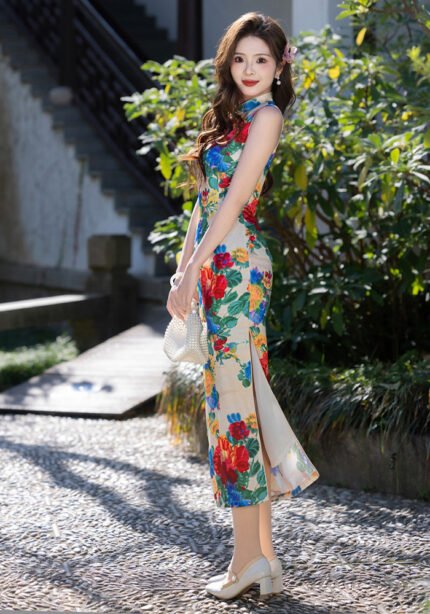 Elegant Vintage Floral Print Cheongsam Dress
