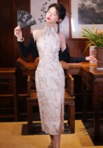 Elegant White Floral Halter Cheongsam Dress
