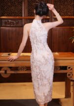 Elegant White Floral Halter Cheongsam Dress