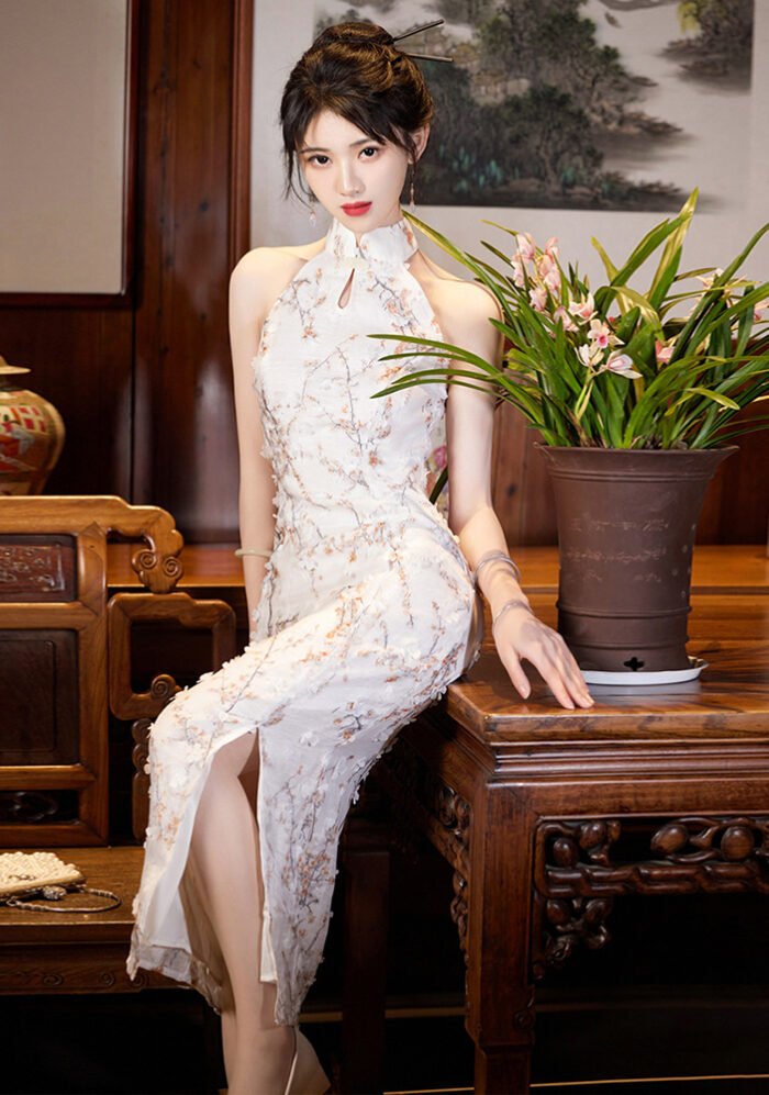 Elegant White Floral Halter Cheongsam Dress