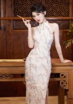 Elegant White Floral Halter Cheongsam Dress