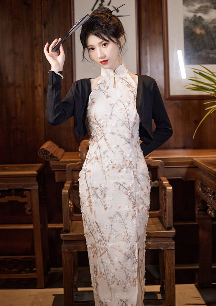 Elegant White Floral Halter Cheongsam Dress