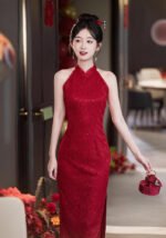 Red Lace Sleeveless Bridesmaid Wedding Qipao Dress