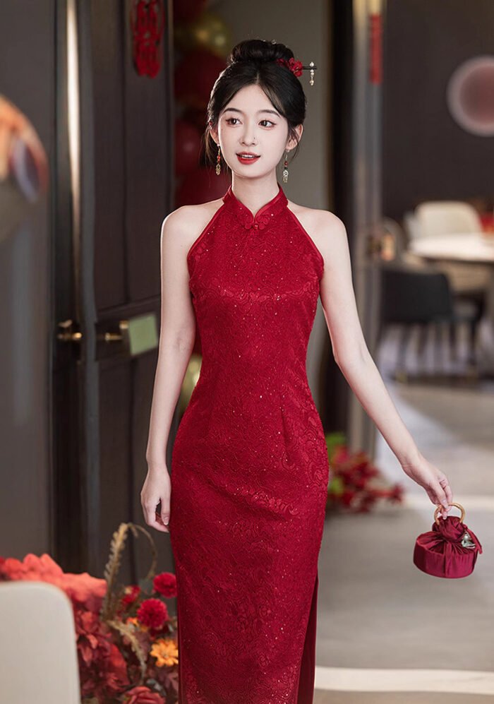Red Lace Sleeveless Bridesmaid Wedding Qipao Dress
