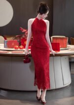 Red Lace Sleeveless Bridesmaid Wedding Qipao Dress
