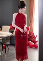 Red Lace Sleeveless Bridesmaid Wedding Qipao Dress