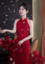 Red Lace Sleeveless Bridesmaid Wedding Qipao Dress