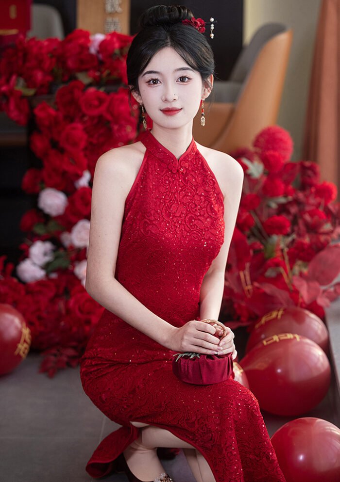 Red Lace Sleeveless Bridesmaid Wedding Qipao Dress