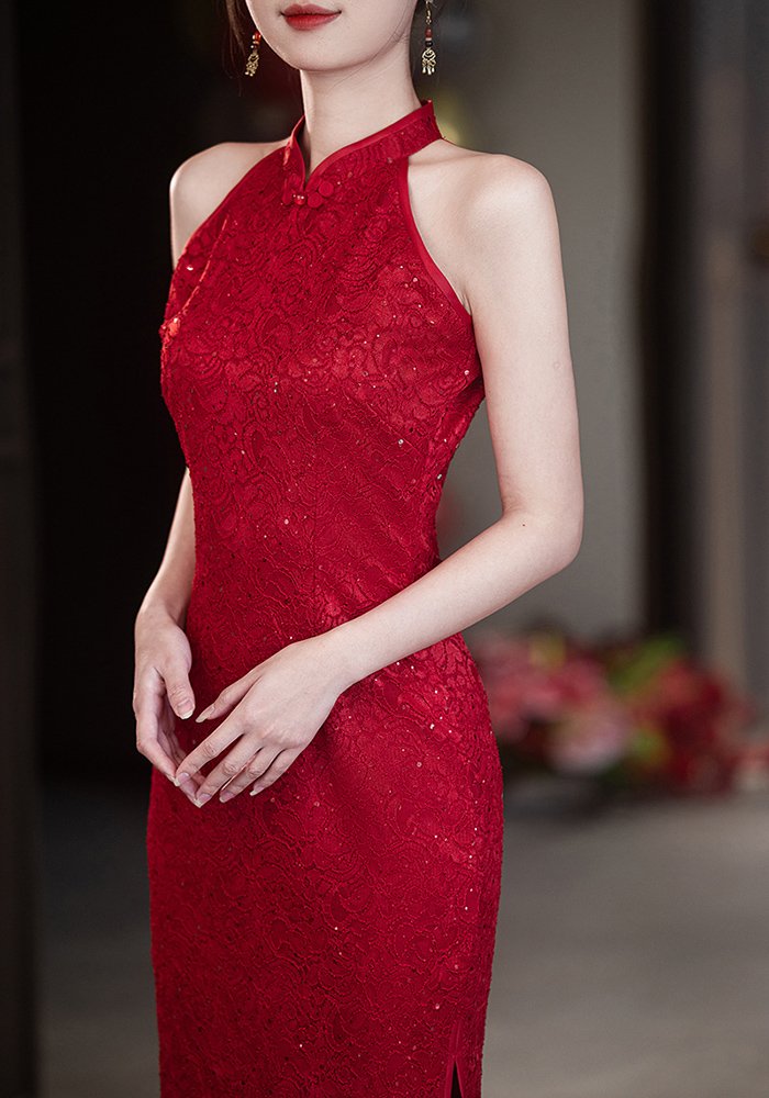 Red Lace Sleeveless Bridesmaid Wedding Qipao Dress