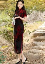 Velvet Qipao Dress with Exquisite Floral Patterns