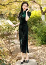 Velvet Qipao Dress with Exquisite Floral Patterns