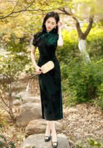 Velvet Qipao Dress with Exquisite Floral Patterns