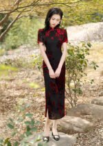 Velvet Qipao Dress with Exquisite Floral Patterns