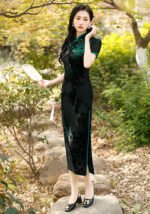Velvet Qipao Dress with Exquisite Floral Patterns