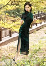 Velvet Qipao Dress with Exquisite Floral Patterns