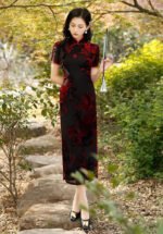 Velvet Qipao Dress with Exquisite Floral Patterns