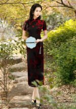 Velvet Qipao Dress with Exquisite Floral Patterns