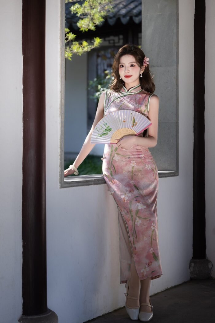 Vintage Floral Pink Cheongsam Dress