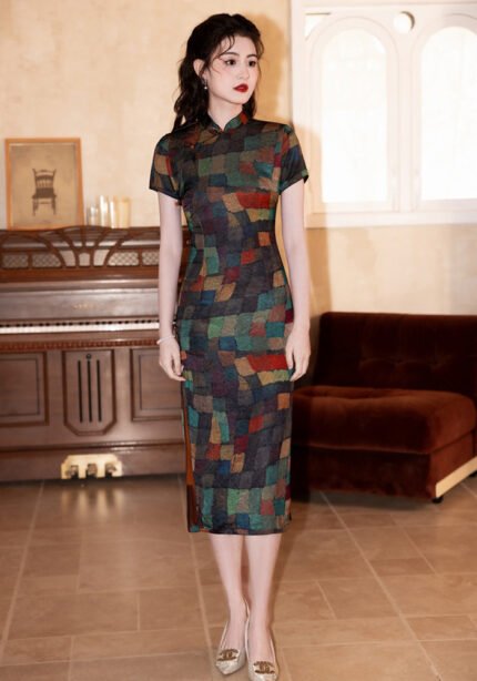 Vintage Geometric Print Cheongsam Dress