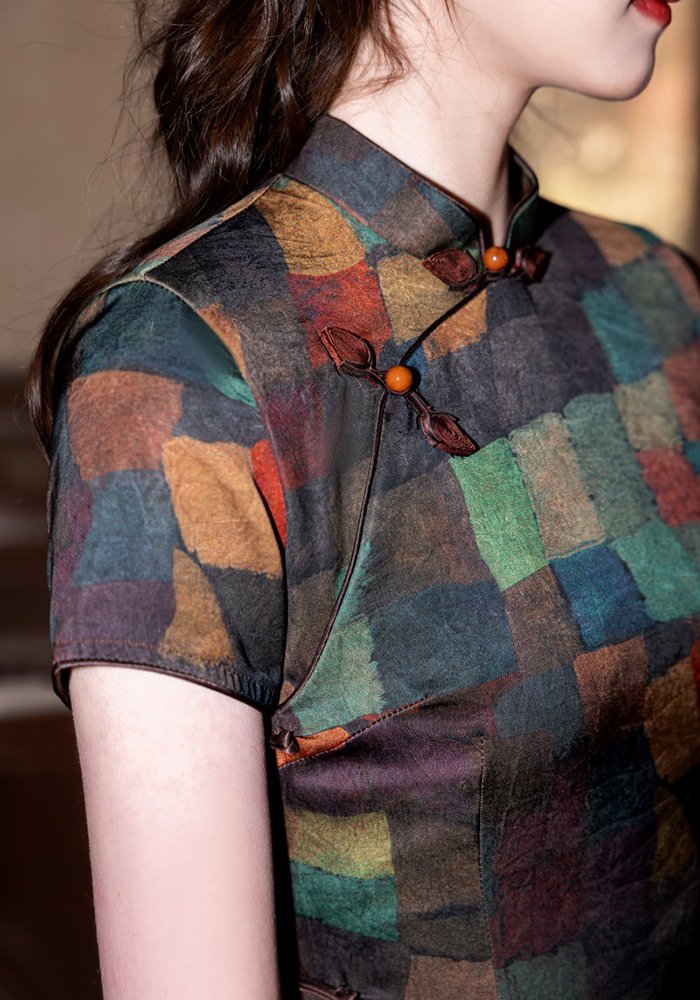 Vintage Geometric Print Cheongsam Dress