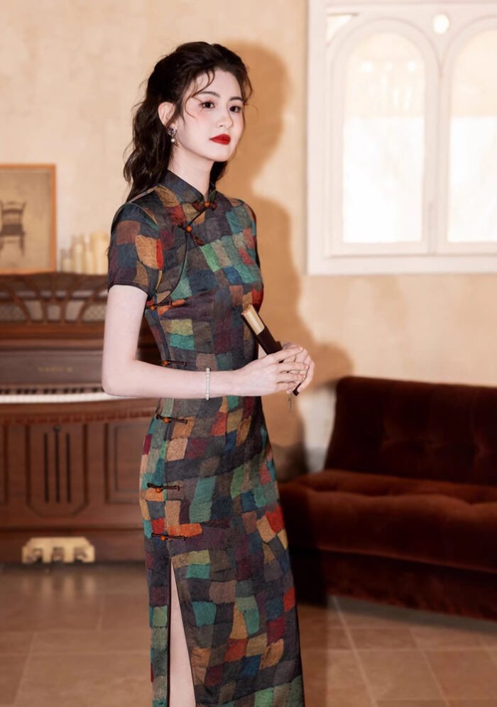 Vintage Geometric Print Cheongsam Dress