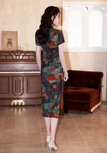 Vintage Geometric Print Cheongsam Dress