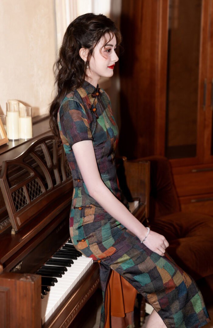 Vintage Geometric Print Cheongsam Dress