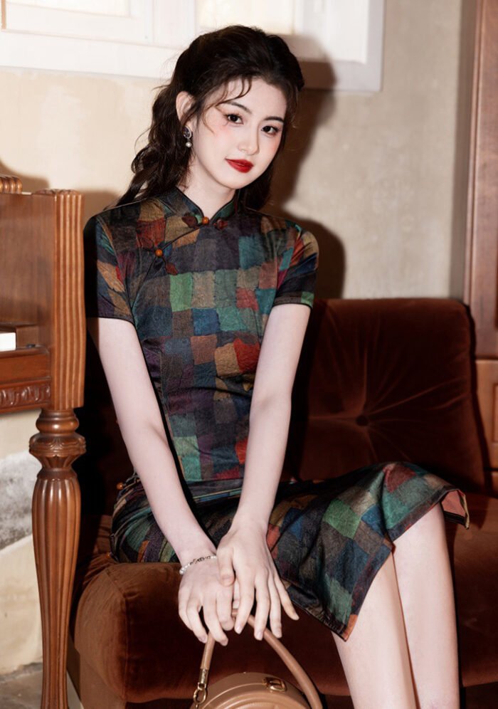 Vintage Geometric Print Cheongsam Dress