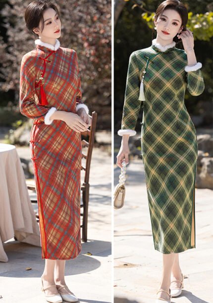 Winter Elegance Plaid Cheongsam Faux Fur Trim Qipao Dress
