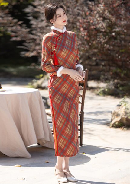Winter Elegance Plaid Cheongsam Faux Fur Trim Qipao Dress