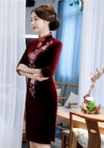 New Gold Velvet Cheongsam Knee-Length Dress