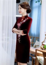 New Gold Velvet Cheongsam Knee-Length Dress
