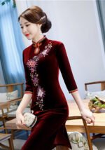 New Gold Velvet Cheongsam Knee-Length Dress