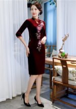 New Gold Velvet Cheongsam Knee-Length Dress