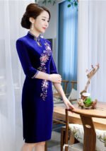 New Gold Velvet Cheongsam Knee-Length Dress