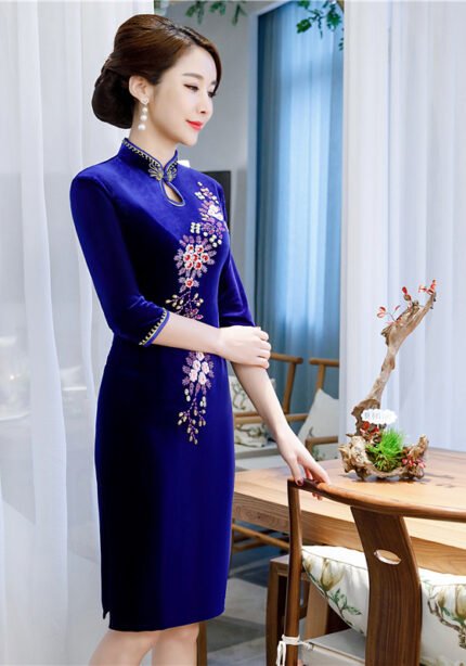 New Gold Velvet Cheongsam Knee-Length Dress