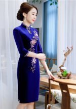 New Gold Velvet Cheongsam Knee-Length Dress