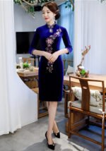New Gold Velvet Cheongsam Knee-Length Dress