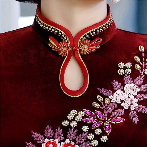 New Gold Velvet Cheongsam Knee-Length Dress