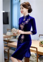 New Gold Velvet Cheongsam Knee-Length Dress