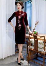 New Gold Velvet Cheongsam Knee-Length Dress