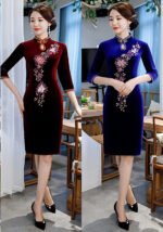 New Gold Velvet Cheongsam Knee-Length Dress