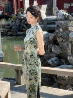 Sleeveless Black Green Qipao Dresses